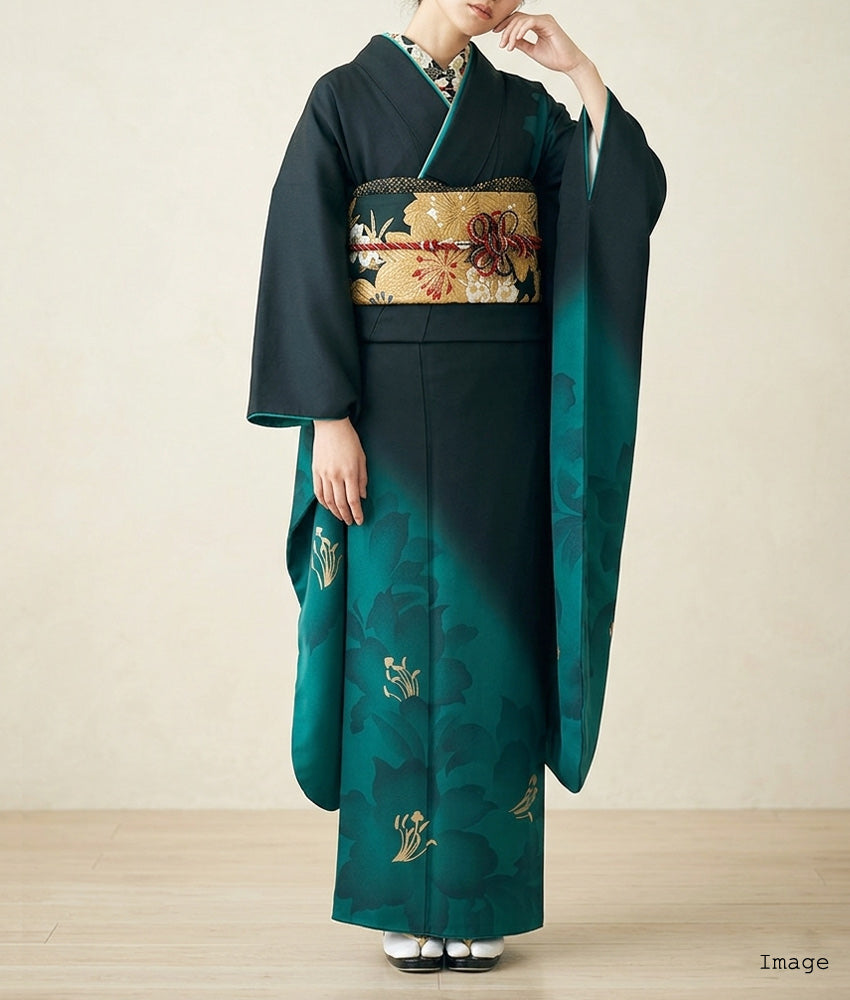 ワ8【20】◆美品◆振り袖＆伊達襟セット◆適応身長147㎝〜157㎝ 振袖 レンタル フルセット 黒 シンプル かっこいい 柄少なめ 適応身長