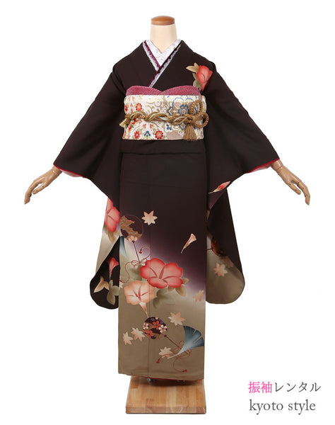 振袖 レンタル フルセット 成人式 結婚式 卒業式 茶色 小さいサイズ  適応身長149cm〜155cm 72220