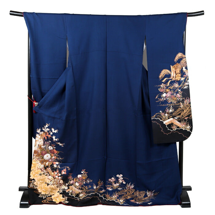 振袖フルセット(375)　トールサイズ　超美品　紺地　古典 紺地に大胆な金彩の花は 美しさ纏う大人の古典柄 高級感漂う落ち着いた