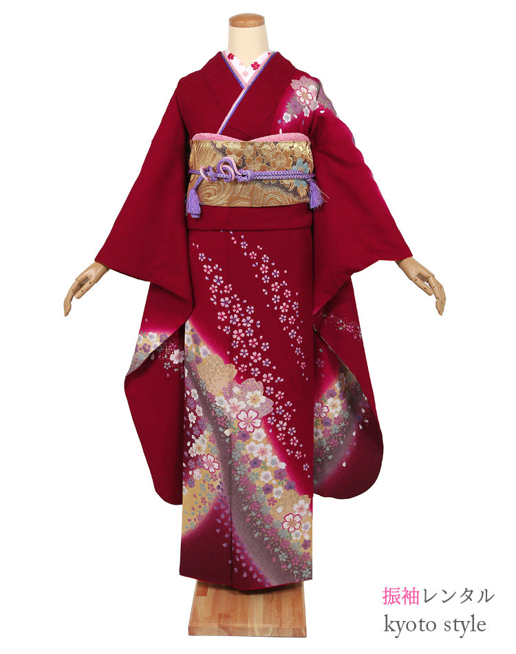 振袖 レンタル フルセット 赤 桜柄 かわいい 適応身長161cm