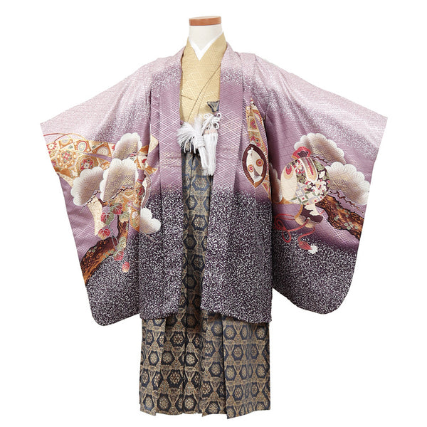 七五三 レンタル 5歳 男の子 袴セット 着物 羽織袴 和服 貸衣装 紫系 110cm前後 7881459