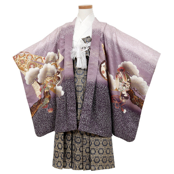 七五三 レンタル 5歳 男の子 袴セット 着物 羽織袴 和服 貸衣装 紫系 110cm前後 7881464