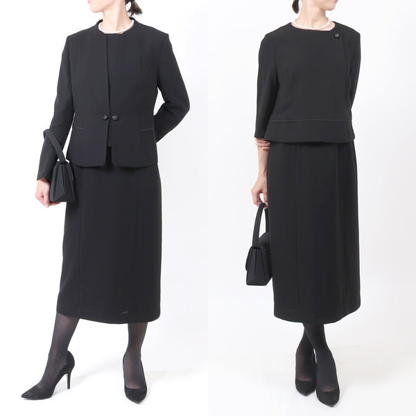 ブラックフォーマル 喪服 礼服 オールシーズン対応  前開き ジャケット ワンピーススーツ 9号～17号 t111