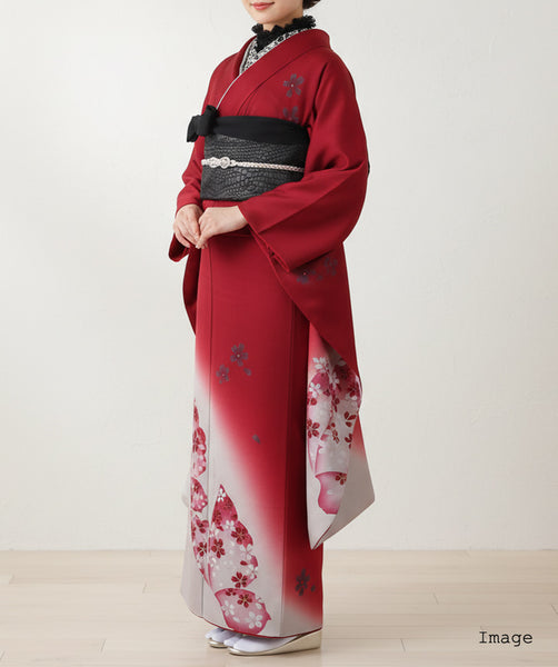 振袖 レンタル フルセット 赤 エンジ 蝶 桜 レトロ 個性的 和洋ミックス 適応身長155cm～160cm 72072