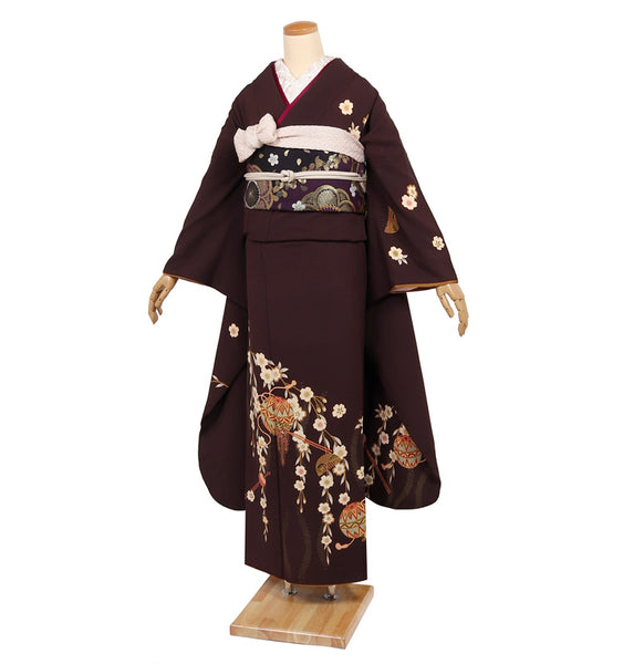 振袖 レンタル フルセット 茶 ブラウン 桜柄 柄少なめ アンティーク調 適応身長161cm〜166cm 72128