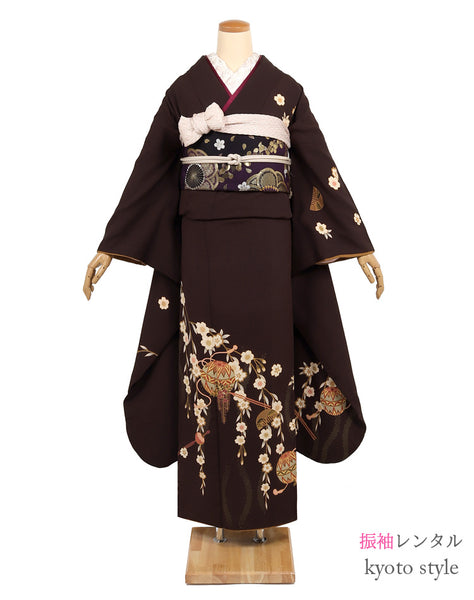 振袖 レンタル フルセット 茶 ブラウン 桜柄 柄少なめ アンティーク調 適応身長161cm〜166cm 72128