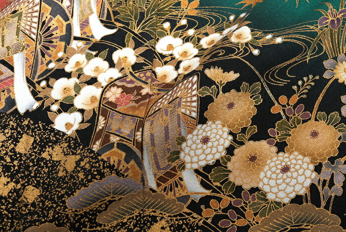 振袖フルセット　成人式　色とりどりの花柄 振袖 レンタル フルセット 成人式 結婚式 緑 グリーン 古典柄