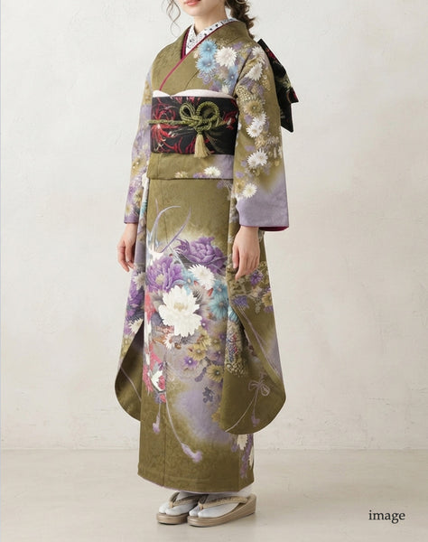 振袖 レンタル フルセット 成人式 結婚式 卒業式 カーキ 抹茶色 適応身長161cm〜166cm 72268
