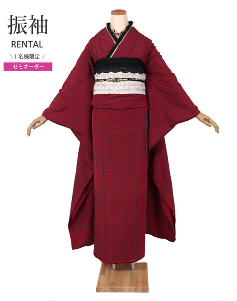 【セミオーダー】 振袖 レンタル フルセット 赤 アンティーク調 レトロ 成人式 二十歳の集い 結婚式 卒業式 適応身長150～168cm 72271