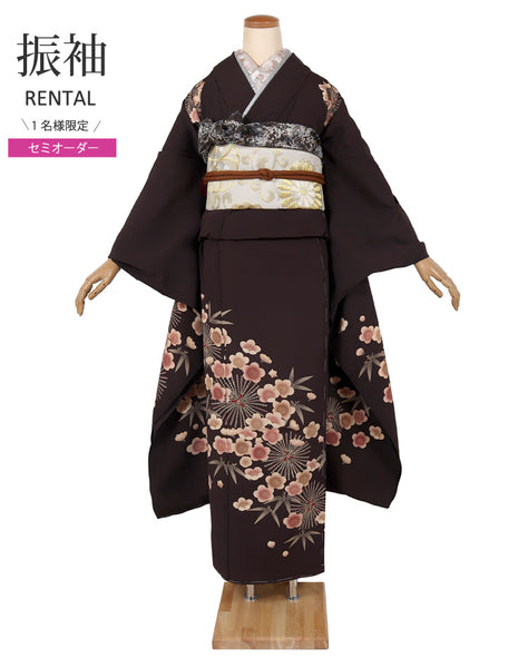 【セミオーダー】 振袖 レンタル フルセット 茶色 シンプル レトロ 成人式 二十歳の集い 結婚式 卒業式 適応身長150～168cm 72272