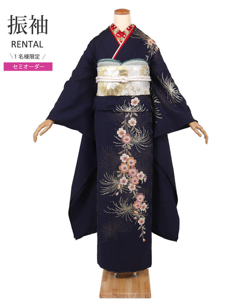 【セミオーダー】 振袖 レンタル フルセット 青 シンプル レトロ 成人式 二十歳の集い 結婚式 卒業式 適応身長150～168cm 72273