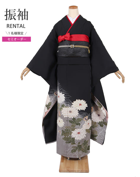 【セミオーダー】 振袖 レンタル フルセット 黒 シンプル 菊 成人式 二十歳の集い 結婚式 卒業式 適応身長150～168cm 72274