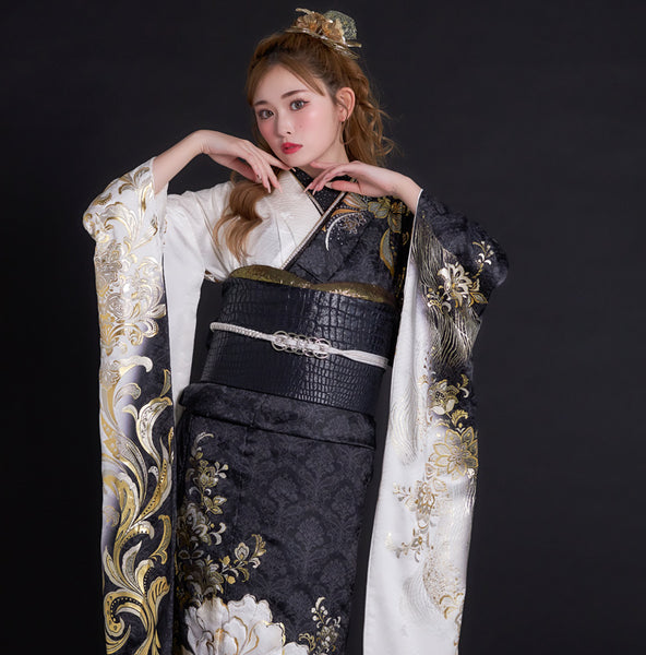 2025年新作【edel×ゆうちゃみ】セミオーダー 振袖 レンタル フルセット 大人っぽい 黒 白 モノトーン  72287