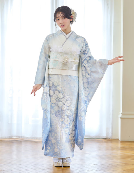 【Allure】セミオーダー 振袖 レンタル フルセット 水色 辻が花 古典柄  72316