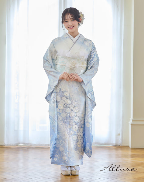 【Allure】セミオーダー 振袖 レンタル フルセット 水色 辻が花 古典柄  72316