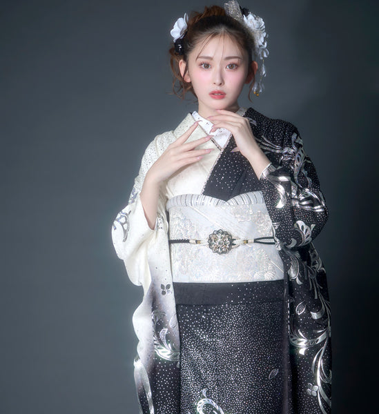 【edel×ゆうちゃみ】セミオーダー 振袖 レンタル フルセット 大人っぽい 黒 白 モノトーン  72314