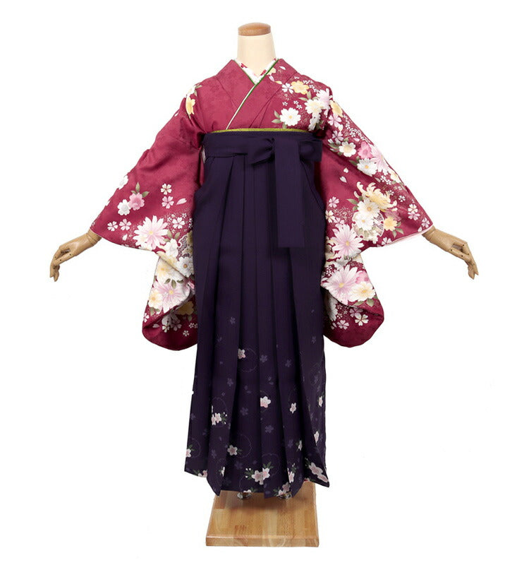 卒業式 袴レンタル フルセット レディース 大学生 先生 二尺袖×袴 エンジ 紫  74005