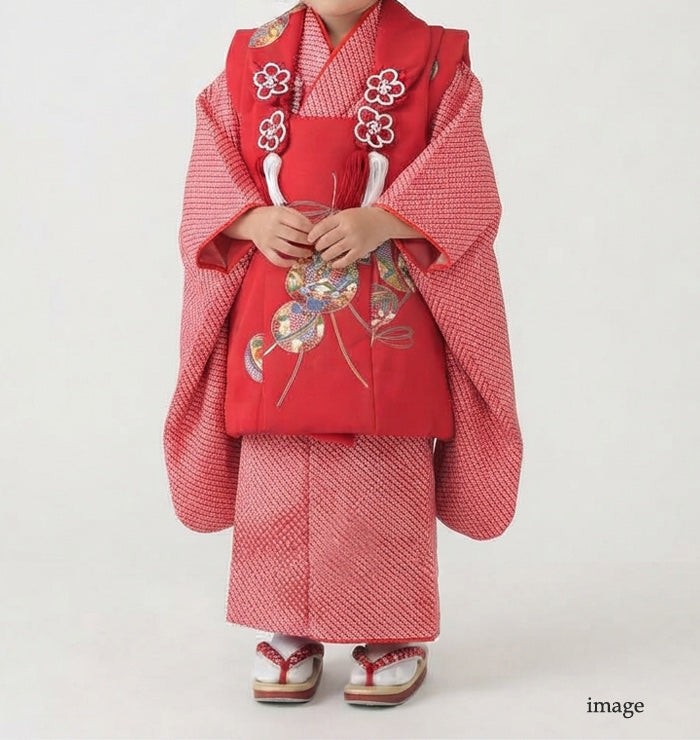 訳あり】七五三 レンタル 3歳 女の子 着物セット 赤 正絹 適応身長92cm
