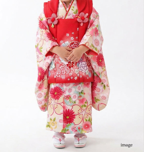 七五三 レンタル 3歳 女の子 着物セット 赤 クリーム 薔薇 適応身長92cm前後 773083
