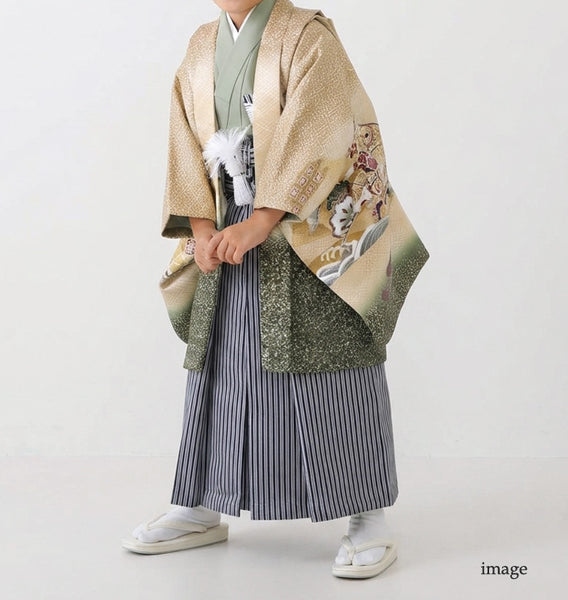 七五三 レンタル 5歳 男の子 袴セット 着物 羽織袴 和服 貸衣装 兜 ベージュ系 適応身長100cm前後 7819203