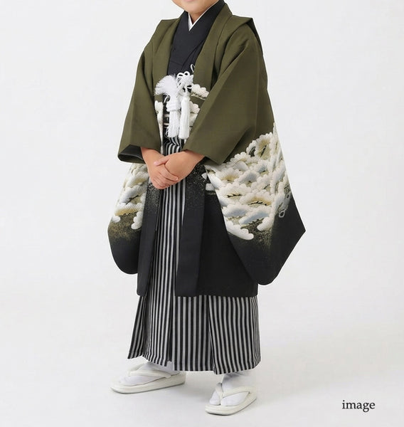 七五三 レンタル 5歳 男の子 袴セット 着物 羽織袴 和服 貸衣装 カーキ系 適応身長115cm前後 7880001