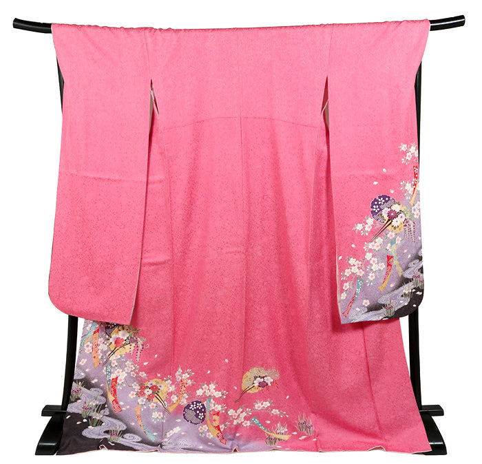 【美品　正絹お振袖　7点フルセット　M～Lサイズ　シンプル系　ローズピンク】 美品 正絹お振袖 7点フルセット M～Lサイズ シンプル系 ローズ