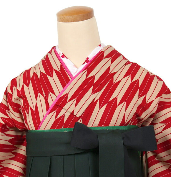卒業式 袴レンタル フルセット レディース 矢絣 大学生 先生 二尺袖×袴 赤 緑 74014