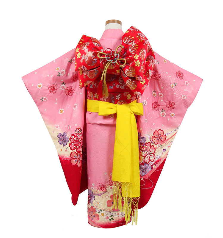 赤とピンクの花柄着物セット 七五三 三歳用
