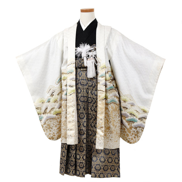 七五三 レンタル 5歳 男の子 袴セット 着物 羽織袴 和服 貸衣装 白系 110cm前後 7880002