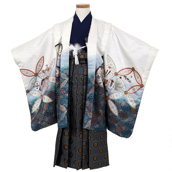 七五三 レンタル 5歳 男の子 袴セット 着物 羽織袴 和服 貸衣装 白系 110cm前後 7881475のコピー