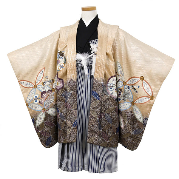 七五三 レンタル 5歳 男の子 袴セット 着物 羽織袴 和服 貸衣装 ベージュ系 110cm前後 7881485