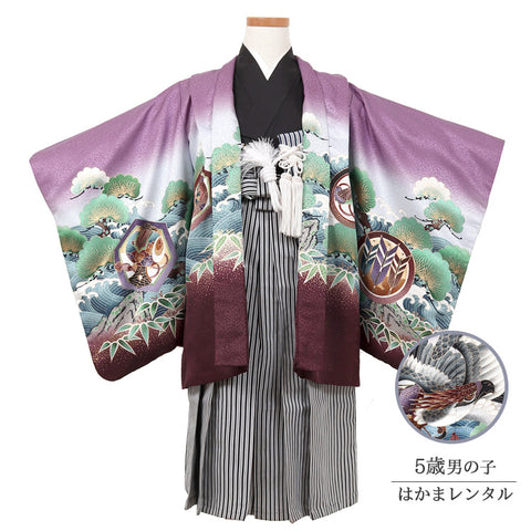 七五三 レンタル 5歳 男の子 袴セット 着物 羽織袴 和服 貸衣装 紫系 100cm前後 7881522